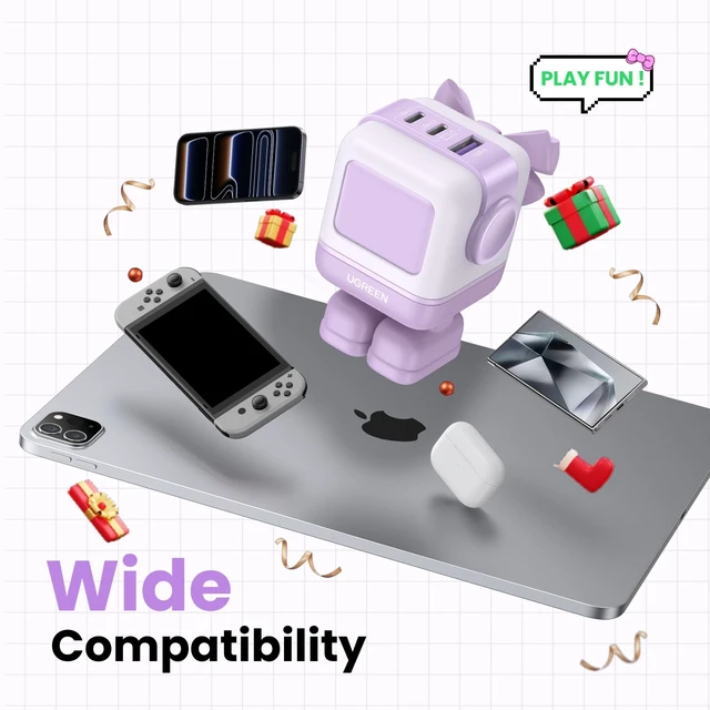 Alt view image 6 of 7 - Uno 65W 3-Port USB C Charger, GaN Fast Charging Block, Purple Playful Robot Design, LED Display, Unique Gift, Fast Charging for MacBook, iPhone 17, Galaxy S26, Pixel, iPad, Steam Deck