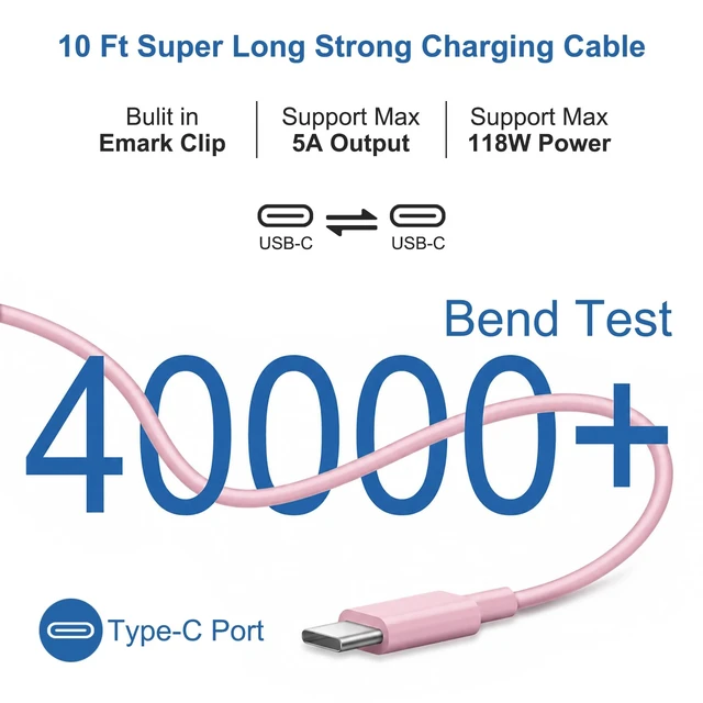 Alt view image 4 of 7 - Mac Book Pro Air Charger with 10FT Extra Long Type C Charging Cable, Pink 118W 96W 87W 61W USB Type C(USB-C) Fast Power Adapter, Compatible with MacBook Air Pro and All USB-C Devices