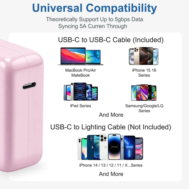 Alt view image 6 of 7 - Mac Book Pro Air Charger with 10FT Extra Long Type C Charging Cable, Pink 118W 96W 87W 61W USB Type C(USB-C) Fast Power Adapter, Compatible with MacBook Air Pro and All USB-C Devices