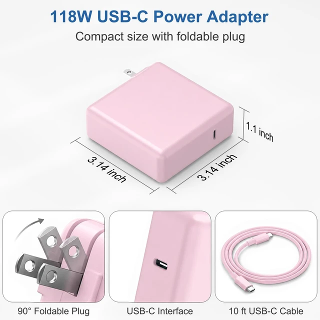 Alt view image 7 of 7 - Mac Book Pro Air Charger with 10FT Extra Long Type C Charging Cable, Pink 118W 96W 87W 61W USB Type C(USB-C) Fast Power Adapter, Compatible with MacBook Air Pro and All USB-C Devices