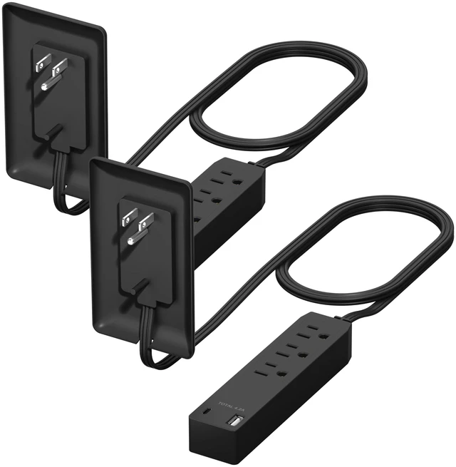 Main image of Outlet Extender with 3 Receptacles, 12W USB-A & USB-C, Flat-Face ETL Listed, 3ft Cord, 1625W, 2-Pack, Matte Black, 3-Outlet Power Strip, Wall Plate Plug With Cord Extender, Premium Quality