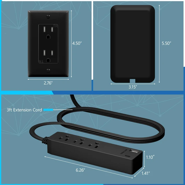 Alt view image 2 of 7 - Outlet Extender with 3 Receptacles, 12W USB-A & USB-C, Flat-Face ETL Listed, 3ft Cord, 1625W, 2-Pack, Matte Black, 3-Outlet Power Strip, Wall Plate Plug With Cord Extender, Premium Quality