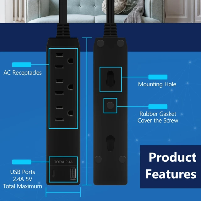 Alt view image 3 of 7 - Outlet Extender with 3 Receptacles, 12W USB-A & USB-C, Flat-Face ETL Listed, 3ft Cord, 1625W, 2-Pack, Matte Black, 3-Outlet Power Strip, Wall Plate Plug With Cord Extender, Premium Quality