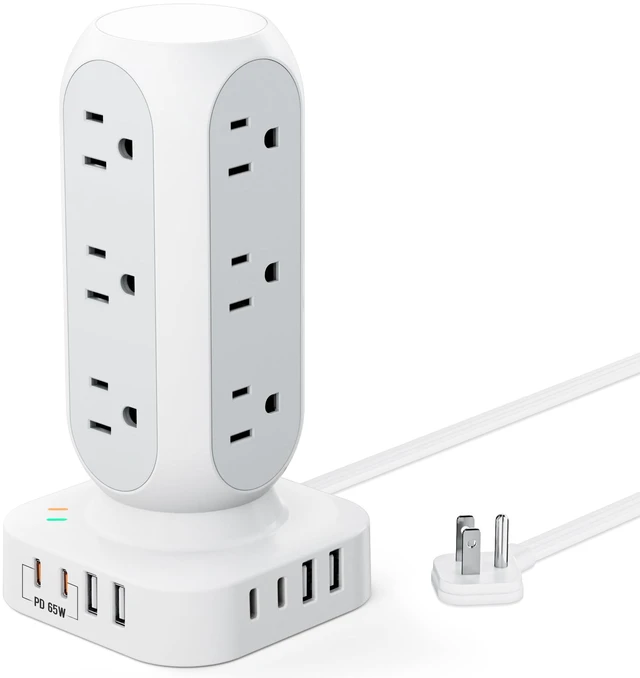 Main image of Flat Plug Power Strip Tower, 65W Max Charging Tower, 10FT