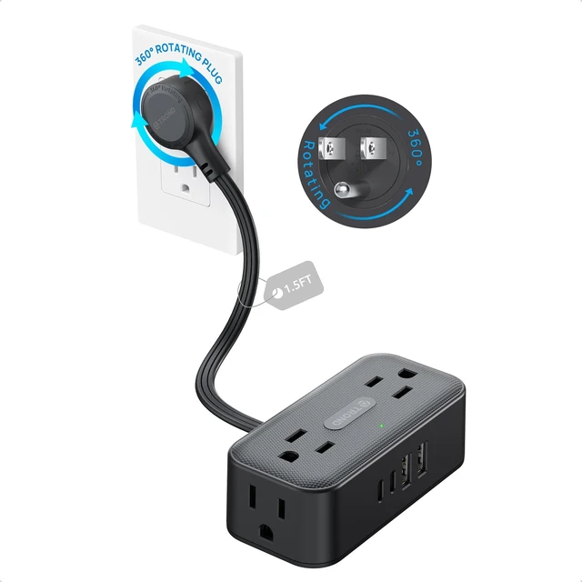 Main image of 360° Rotating Flat Plug Power Strip 1.5ft, 4 Widely AC Outlets, Black Flat Extension Cord 4 USB Ports (2 USB C), 10A/1250W, Wall Mount, 900J Surge Protector for Office Travel Dorm Room Essentials
