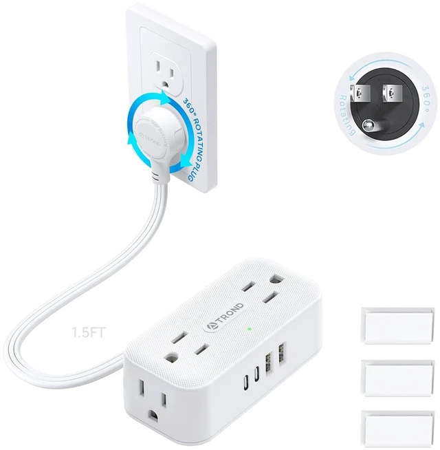 Main image of 360° Rotating Flat Plug Short Extension Cord 1.5ft, 15A/1875W, White 4 AC & 4 USB, Low Profile Power Strip Mountable, 900J, Compact for Tight Spaces Hard Reach Outlet in Bedroom Home Office Dorm