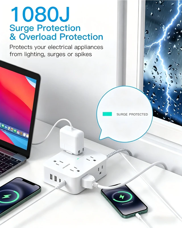 Alt view image 4 of 7 - 10 Ft Braided Extension Cord with Ultra-Thin Flat Plug, 8-Outlet 1080J Surge Protector Power Strip with 4 USB Ports (2 USB C), Ideal Wall Mount Charging Station for Home Office and Dorm