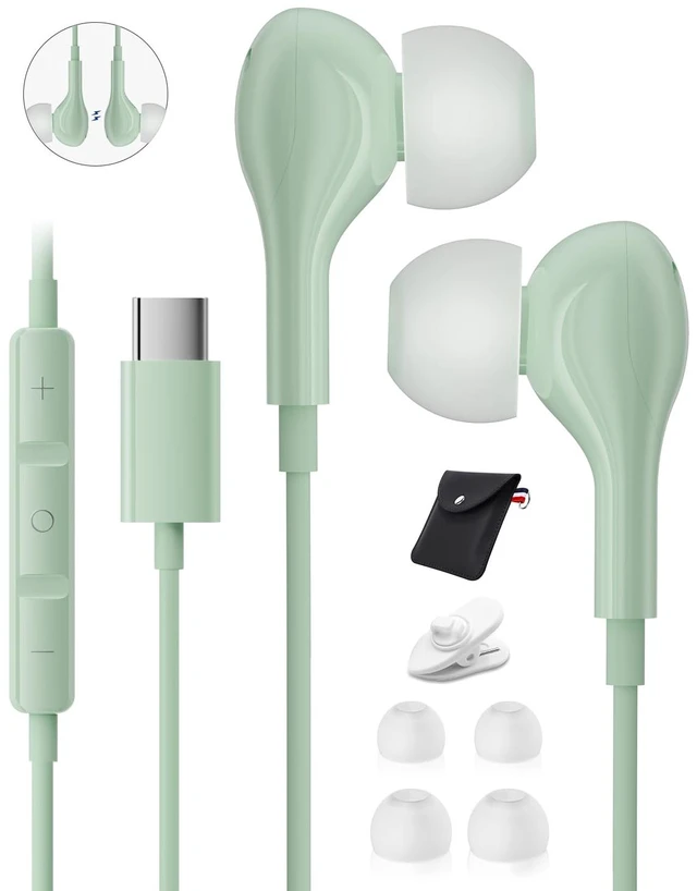Main image of Wired Headphones USB C for for Samsung S26 S25 Ultra A17 A16 S24 S23 A16 in Ear USB-C Headphones Wired with Microphone Volume Control Type C Headphones iPhone 16 Pro Max iPad Mini Xiaomi Pixel Green