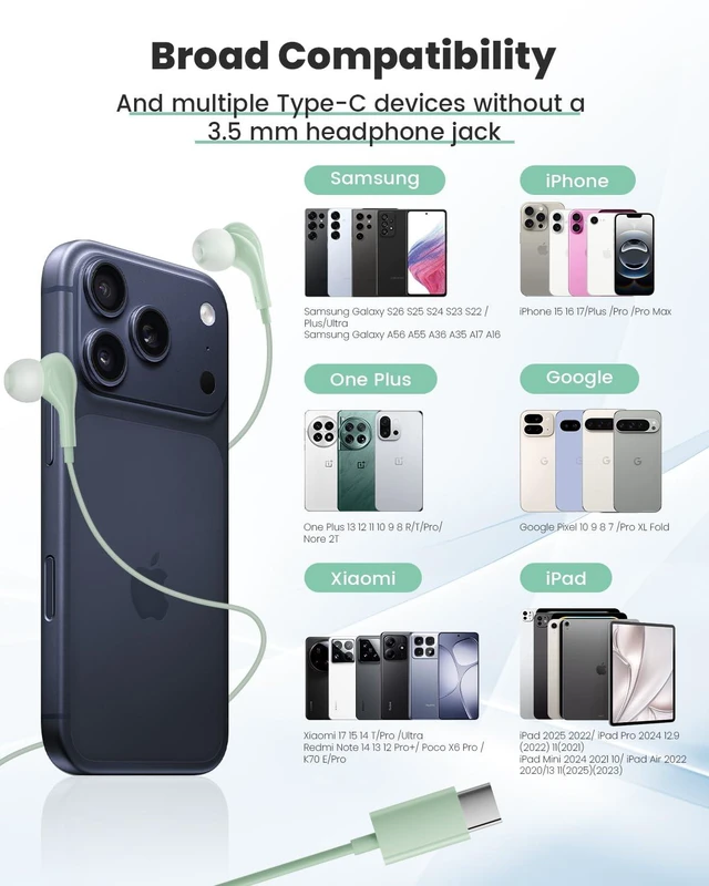 Alt view image 6 of 7 - Wired Headphones USB C for for Samsung S26 S25 Ultra A17 A16 S24 S23 A16 in Ear USB-C Headphones Wired with Microphone Volume Control Type C Headphones iPhone 16 Pro Max iPad Mini Xiaomi Pixel Green