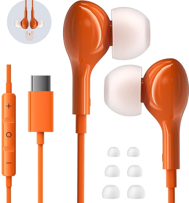 Main image of Wired Earbuds USB C for iPhone 17 Pro Max 15 16 iPad Air Pro 11/13 Orange in Ear Headphones Wired with Microphone Volume Control Type C Headphones for Samsung S26 S25 Ultra S24 A16 A56 Redmi Pixel 9a