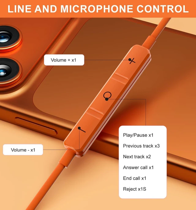 Alt view image 3 of 7 - Wired Earbuds USB C for iPhone 17 Pro Max 15 16 iPad Air Pro 11/13 Orange in Ear Headphones Wired with Microphone Volume Control Type C Headphones for Samsung S26 S25 Ultra S24 A16 A56 Redmi Pixel 9a