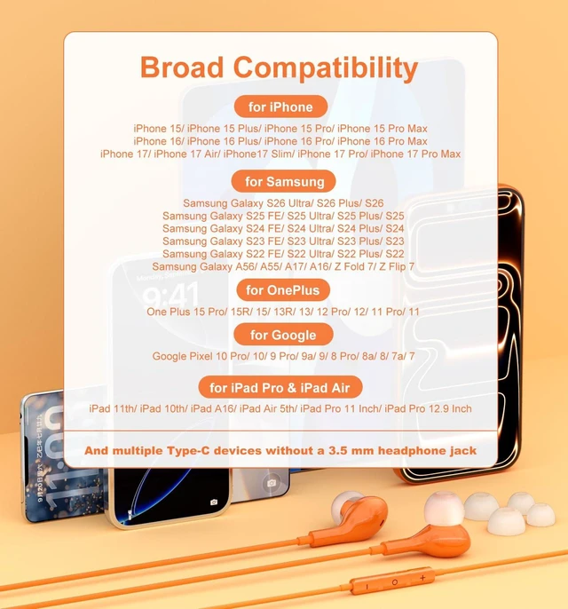 Alt view image 2 of 7 - Wired Earbuds USB C for iPhone 17 Pro Max 15 16 iPad Air Pro 11/13 Orange in Ear Headphones Wired with Microphone Volume Control Type C Headphones for Samsung S26 S25 Ultra S24 A16 A56 Redmi Pixel 9a