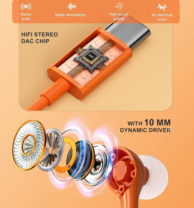 Alt view image 4 of 7 - Wired Earbuds USB C for iPhone 17 Pro Max 15 16 iPad Air Pro 11/13 Orange in Ear Headphones Wired with Microphone Volume Control Type C Headphones for Samsung S26 S25 Ultra S24 A16 A56 Redmi Pixel 9a