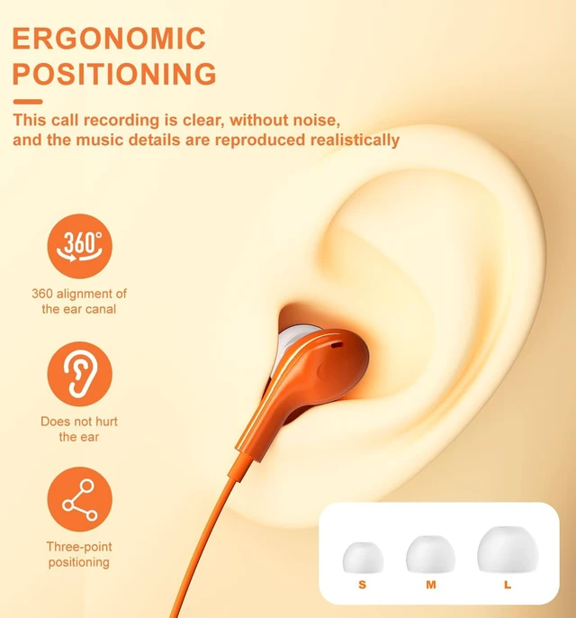 Alt view image 5 of 7 - Wired Earbuds USB C for iPhone 17 Pro Max 15 16 iPad Air Pro 11/13 Orange in Ear Headphones Wired with Microphone Volume Control Type C Headphones for Samsung S26 S25 Ultra S24 A16 A56 Redmi Pixel 9a