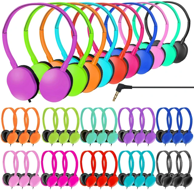 Main image of Headphones Bulk 100 Pack for School Classroom Student Computer Earphones Class Set of Headphones for Students Online Lesson and Testing 3.5mm Jack (10 Colors)