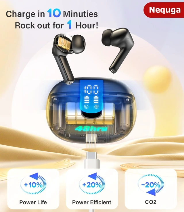 Alt view image 2 of 6 - Wireless Earbuds Bluetooth 5.4 Headphones with 48H Playtime Ear Buds Noise Cancelling Mic, LED Power Display Charging Case, IPX7 Waterproof Bass Stereo Earphones for iPhone Android Phone/Laptop