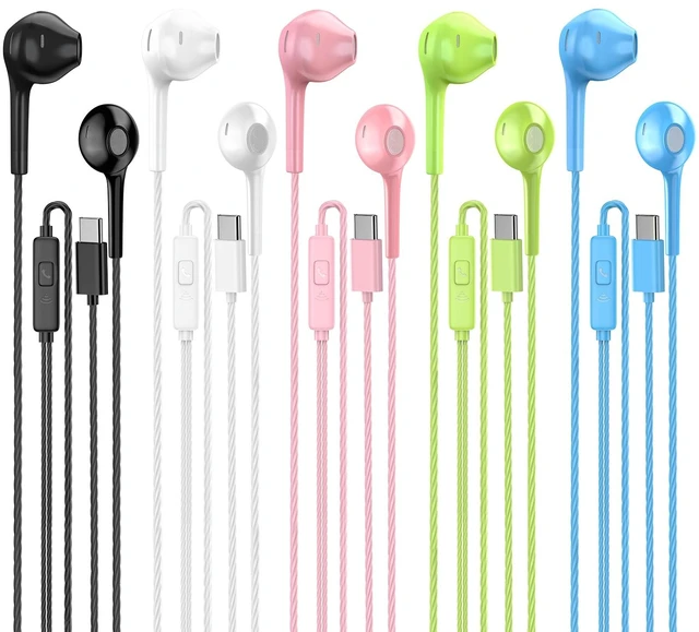 Main image of USB C Wired Earbuds, 5 Pack Type C Headphones with Microphone Heavy bass sound, built-in mic & control buttons, ergonomic semi-in-ear design, tangle-free cord, 5 mixed color pack