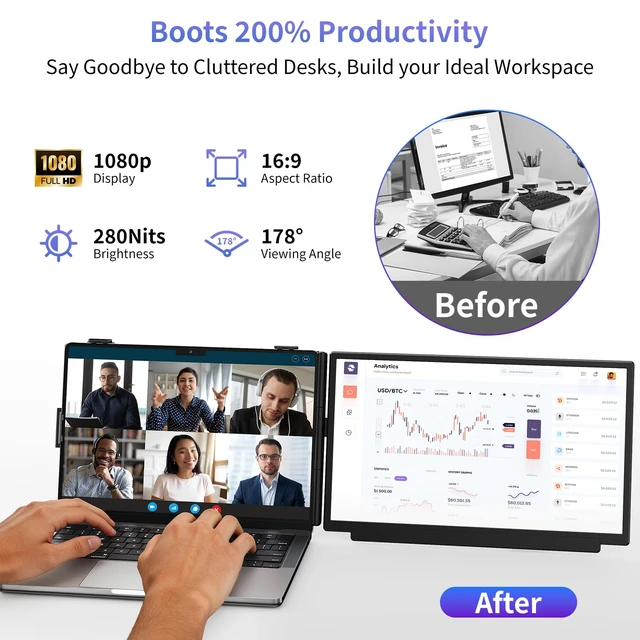 Alt view image 7 of 7 - Laptop Screen Extender 15.6 Inch, FHD 1080P IPS Portable Travel Dual Monitor, Slim 0.27'', Plug ang Play Detachable Extended Monitor for 13-17.3'' Laptops, Compatible with Mac,Wins, Android,Chrome