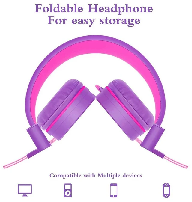 Alt view image 4 of 7 - i37 Kids Headphones for School Children Girls Boys Teens, Purple Foldable Adjustable Lightweight, 3.5mm Audio Jack On Ear Headphones for Smartphones Chromebook Computer PC Tablets Travel