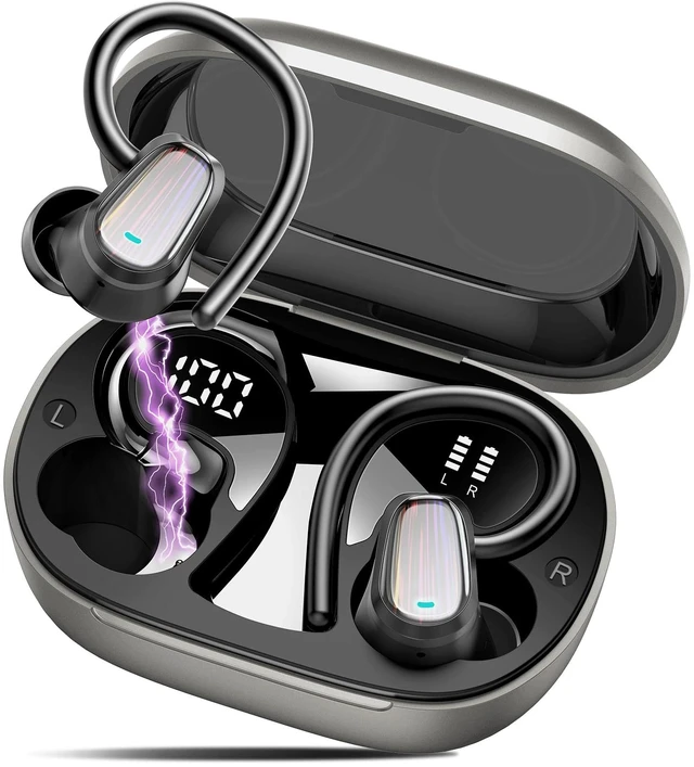 Main image of Wireless Earbuds Bluetooth 5.4 Headphones with Earhook for Sport, Grey 50H Playback, IP7 Waterproof Earphones for Workout Running, Deep Bass Stereo, ENC Noise Canceling Mic, LED Display