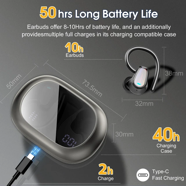 Alt view image 4 of 7 - Wireless Earbuds Bluetooth 5.4 Headphones with Earhook for Sport, Grey 50H Playback, IP7 Waterproof Earphones for Workout Running, Deep Bass Stereo, ENC Noise Canceling Mic, LED Display