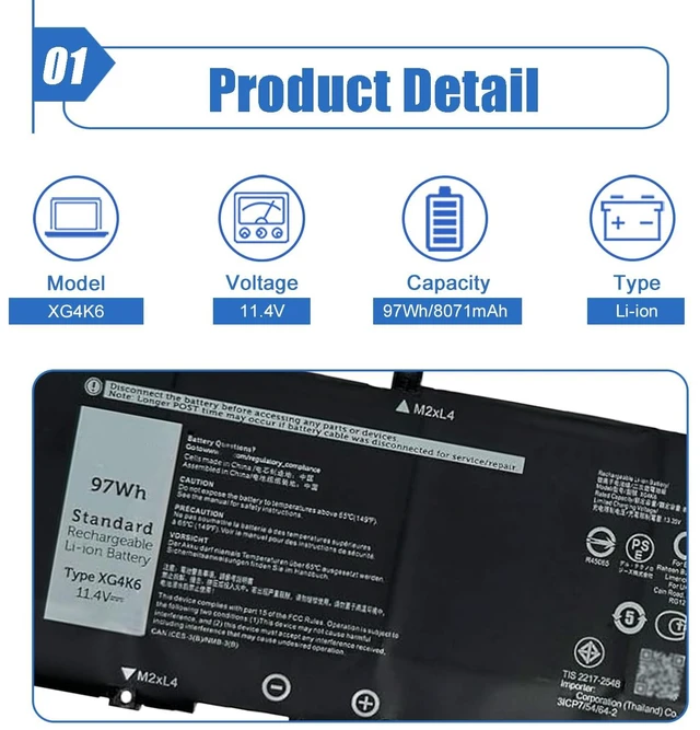 Alt view image 2 of 6 - 97Wh XG4K6 Laptop Battery Compatible with Dell XPS 17 9700 9710 9720 9730 Precision 5750 5760 5770 Series P92F P92F001 P92F002 P92F003 KRDHV 01RR3 F8CPG OF8CPG 0YY3V 5XJ6R KVPMY 11.4V