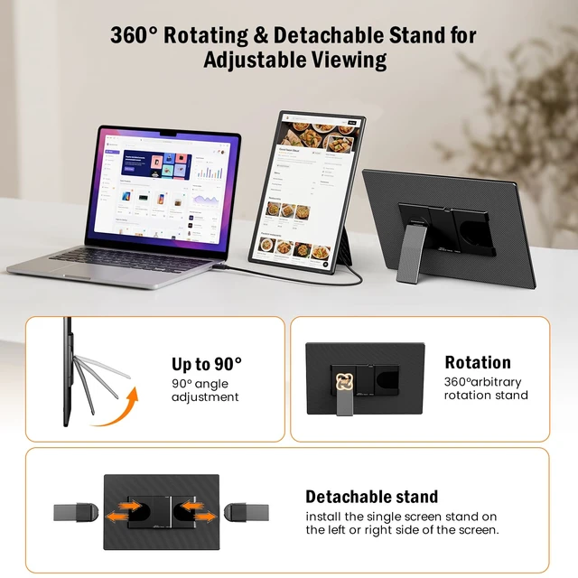 Alt view image 3 of 7 - 16" 16:10 1200P FHD Portable Monitor 360° Rotating Stand Laptop Extender Plug & Play Dual Monitor, Ultra Slim Travel Monitor for Laptop, PC, MacBook, PS5