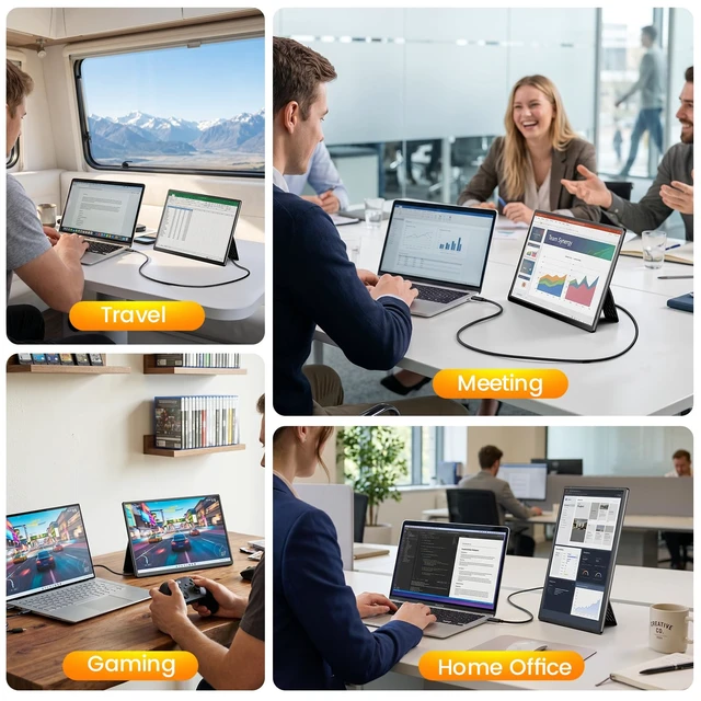 Alt view image 4 of 7 - 16" 16:10 1200P FHD Portable Monitor 360° Rotating Stand Laptop Extender Plug & Play Dual Monitor, Ultra Slim Travel Monitor for Laptop, PC, MacBook, PS5