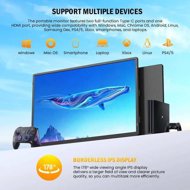 Alt view image 7 of 7 - 16" 16:10 1200P FHD Portable Monitor 360° Rotating Stand Laptop Extender Plug & Play Dual Monitor, Ultra Slim Travel Monitor for Laptop, PC, MacBook, PS5