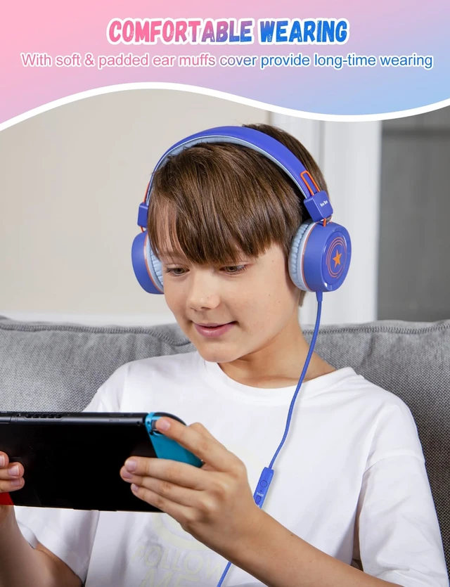 Alt view image 2 of 6 - 2 Pack Kids Headphones with Microphone, 85dB/94dB Safe Volume Limited Childrens Headset, Foldable Wired Toddler Headphones Over Ear for School Travel Mac/Android/Kindle/Tablet/Pad Blue Pink