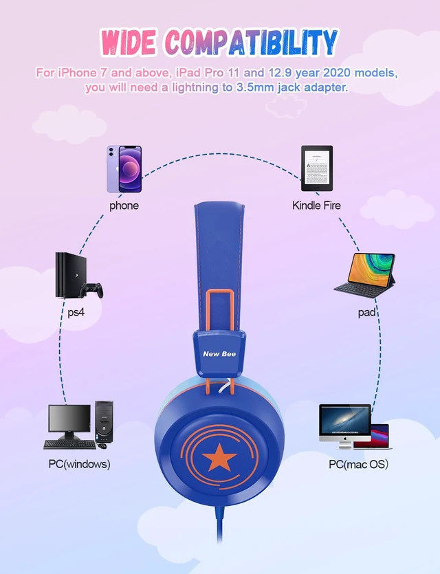 Alt view image 3 of 6 - 2 Pack Kids Headphones with Microphone, 85dB/94dB Safe Volume Limited Childrens Headset, Foldable Wired Toddler Headphones Over Ear for School Travel Mac/Android/Kindle/Tablet/Pad Blue Pink
