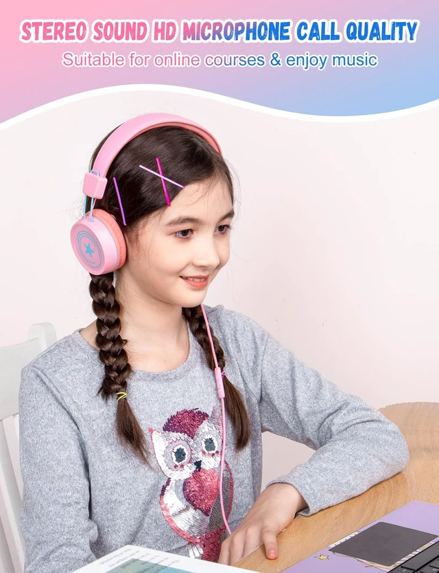 Alt view image 4 of 6 - 2 Pack Kids Headphones with Microphone, 85dB/94dB Safe Volume Limited Childrens Headset, Foldable Wired Toddler Headphones Over Ear for School Travel Mac/Android/Kindle/Tablet/Pad Blue Pink