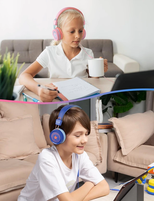 Alt view image 6 of 6 - 2 Pack Kids Headphones with Microphone, 85dB/94dB Safe Volume Limited Childrens Headset, Foldable Wired Toddler Headphones Over Ear for School Travel Mac/Android/Kindle/Tablet/Pad Blue Pink