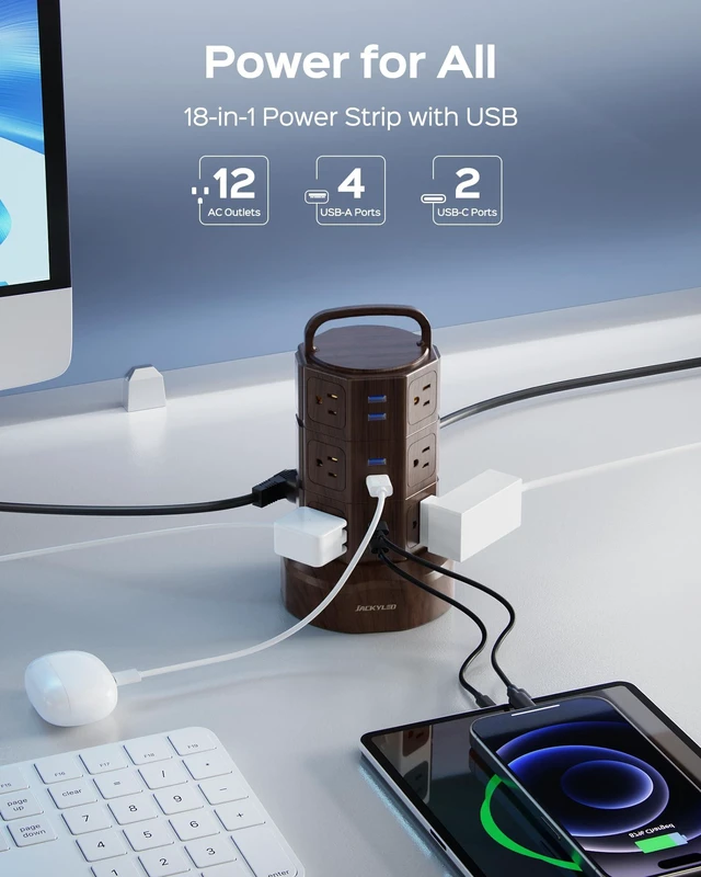 Alt view image 2 of 7 - Power Strip Tower Surge Protector, 12 AC 6 USB (2 USB C), 1050J 6.5Ft Retractable Extension Cord with Multiple Outlets, 1625W/13A Outlet Extender, USB Charging Station for Home Office Dorm