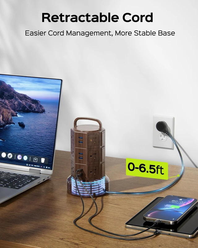 Alt view image 3 of 7 - Power Strip Tower Surge Protector, 12 AC 6 USB (2 USB C), 1050J 6.5Ft Retractable Extension Cord with Multiple Outlets, 1625W/13A Outlet Extender, USB Charging Station for Home Office Dorm