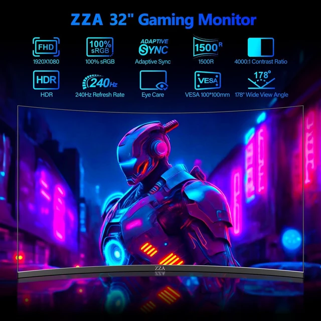 Alt view image 2 of 7 - 32" Curved Gaming Monitor FHD 1080p 240Hz 1ms VA 1500R 4000:1 FreeSync & G-SYNC Compatible, 100% sRGB HDR10 Low Blue Light, Crosshair Tilt PIP PBP, HDMI 2.0 DP 1.4 VESA 100×100 for PC PS5 Xbox