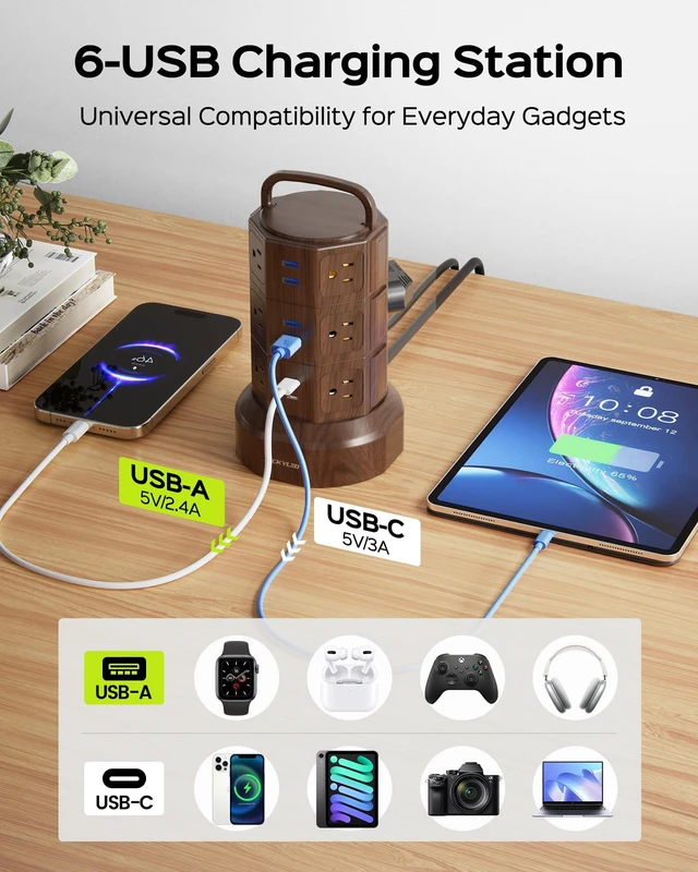 Alt view image 5 of 7 - Power Strip Tower Surge Protector, 12 AC 6 USB (2 USB C), 1050J 6.5Ft Retractable Extension Cord with Multiple Outlets, 1625W/13A Outlet Extender, USB Charging Station for Home Office Dorm