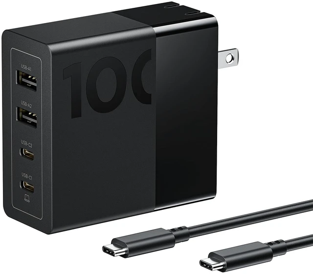 Main image of 100W USB C Charger, 4-Port Multi-Device Fast Charging, Black GaN Power Block with 240W Cable, for Thinkpad, MacBook, Dell XPS, iPhone, Samsung