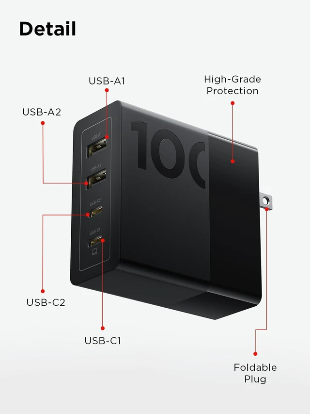 Alt view image 7 of 7 - 100W USB C Charger, 4-Port Multi-Device Fast Charging, Black GaN Power Block with 240W Cable, for Thinkpad, MacBook, Dell XPS, iPhone, Samsung