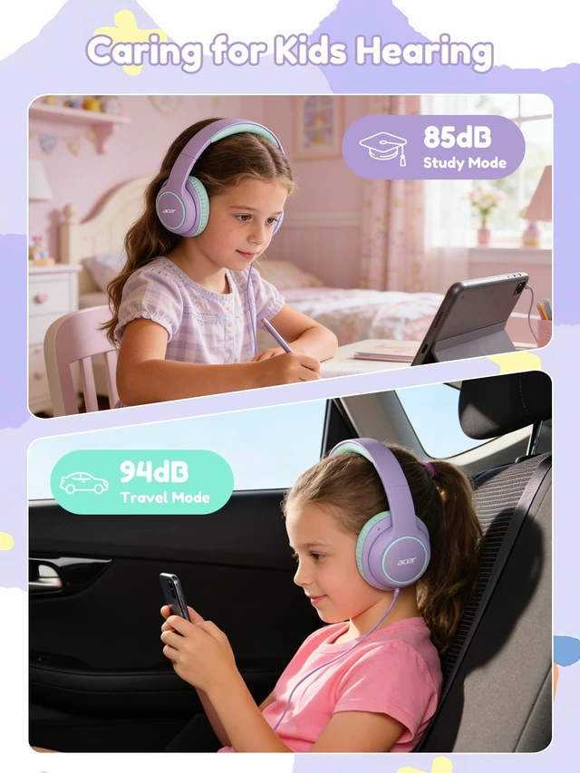 Alt view image 3 of 6 - OHW328 Kids Headphones Wired for School - Over Ear Design 85/94dB Safe Volume, 3.5mm Jack Foldable Headphones for Kids Girls Classroom Yoto Player Chromebook Travel Purple Green