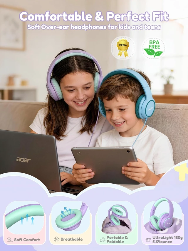 Alt view image 4 of 6 - OHW328 Kids Headphones Wired for School - Over Ear Design 85/94dB Safe Volume, 3.5mm Jack Foldable Headphones for Kids Girls Classroom Yoto Player Chromebook Travel Purple Green