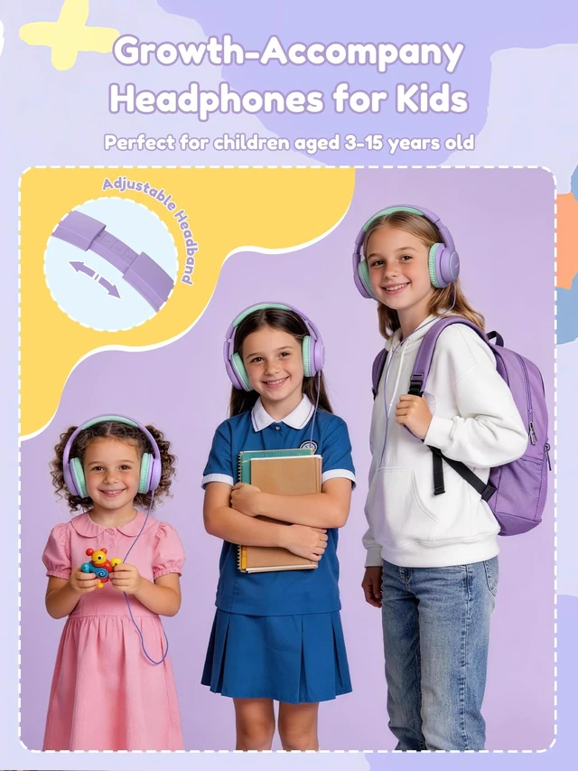 Alt view image 6 of 6 - OHW328 Kids Headphones Wired for School - Over Ear Design 85/94dB Safe Volume, 3.5mm Jack Foldable Headphones for Kids Girls Classroom Yoto Player Chromebook Travel Purple Green