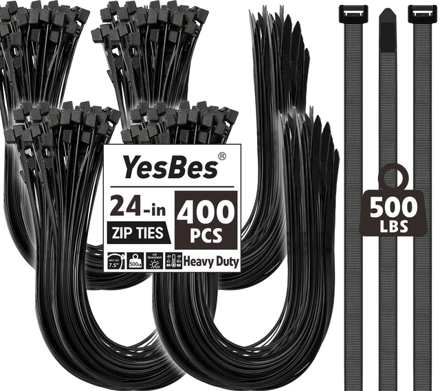 Main image of 400 PCS Zip Ties 24 Inch Heavy Duty, Large Cable Ties 500lbs Tensile Strength, Black Zip Ties for Indoor and Outdoor Use, UV Resistant Wire Ties