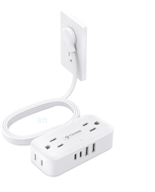 Main image of Flat Plug Power Strip, Small Extension Cord 8ft, 4 AC & 4 USB, White Flat Extension Cord with Multiple Outlets, 1250W, Wall Mount 900J Surge Protector for Home Office Travel Dorm Room Essentials