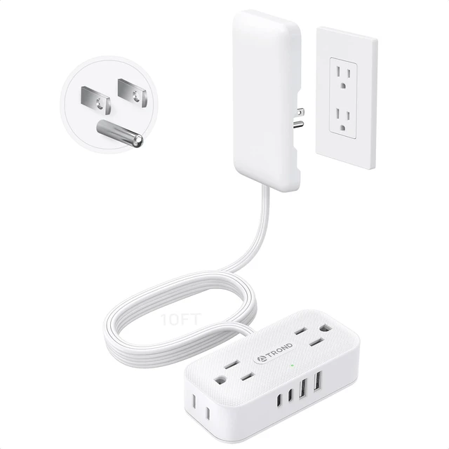 Main image of 10ft Flat Extension Cord with Ultra-Thin Outlet Cover, 1250W, White Flat Wall Plug Power Strip with 4 AC & 4 USB Ports(2 USB C), 900J Surge Protection, Hidden Outlet Extender for Tight Spaces