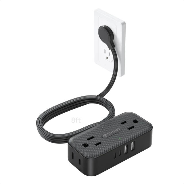 Main image of Flat Plug Power Strip, Small Extension Cord 8ft, 4 AC & 4 USB, Black Flat Extension Cord with Multiple Outlets, 1250W, Wall Mount 900J Surge Protector for Home Office Travel Dorm Room Essentials