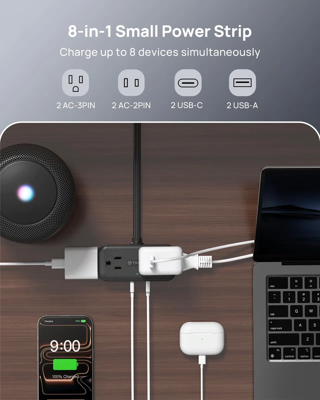 Alt view image 2 of 7 - Flat Plug Power Strip, Small Extension Cord 10ft, 4 AC & 4 USB, White Flat Extension Cord with Multiple Outlets, 1250W, Wall Mount 900J Surge Protector for Home Office Travel Dorm Room Essentials