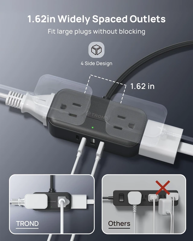 Alt view image 5 of 7 - Flat Plug Power Strip, Small Extension Cord 10ft, 4 AC & 4 USB, White Flat Extension Cord with Multiple Outlets, 1250W, Wall Mount 900J Surge Protector for Home Office Travel Dorm Room Essentials