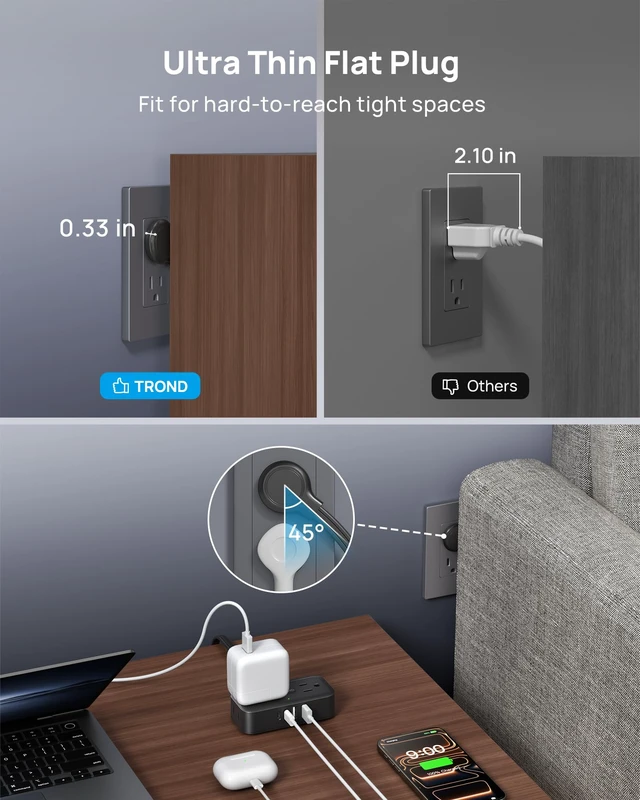 Alt view image 6 of 7 - Flat Plug Power Strip, Small Extension Cord 10ft, 4 AC & 4 USB, White Flat Extension Cord with Multiple Outlets, 1250W, Wall Mount 900J Surge Protector for Home Office Travel Dorm Room Essentials