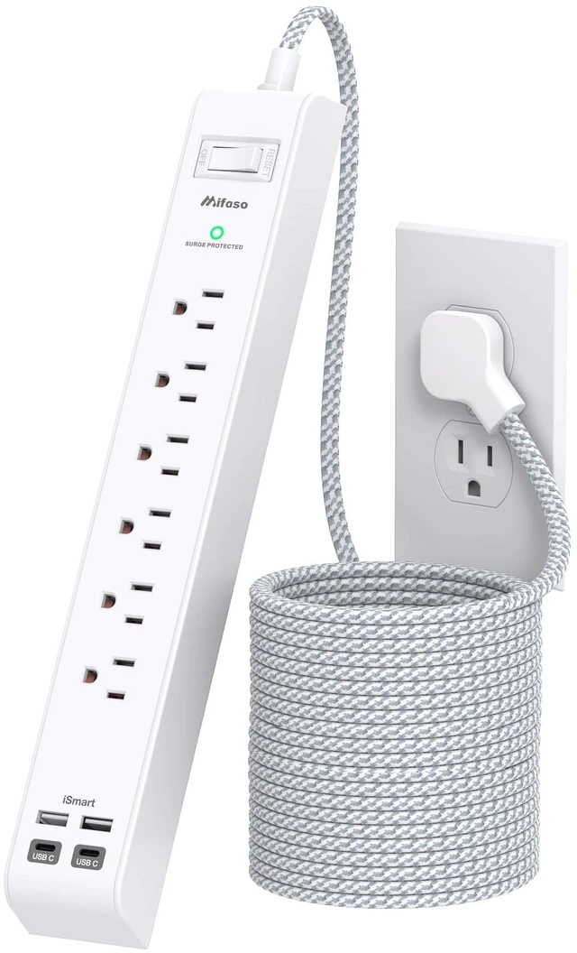 Main image of Flat Plug Extension Cord, Surge Protector Power Strip 15FT, 10-in-1 with 6 AC Outlets 4 USB Ports(2 USB-C), Extension Cord with Multiple Outlets, Wall Mountable, 1080J Surge Protection, White